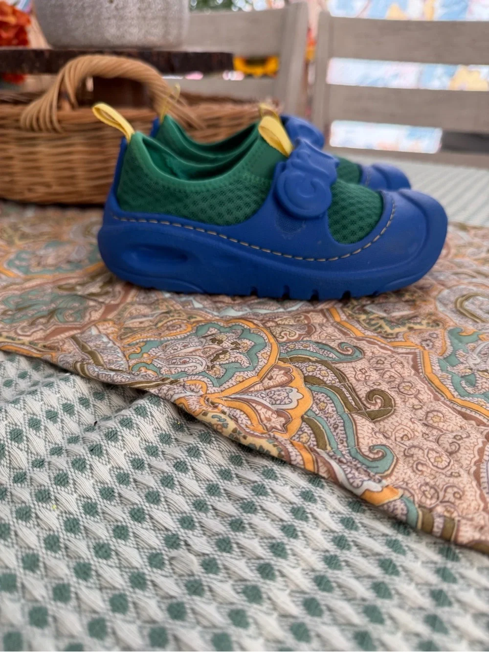 CROCS Kids Blue & Green Athletic Water Shoes with Yellow Pull Tabs Size 12
